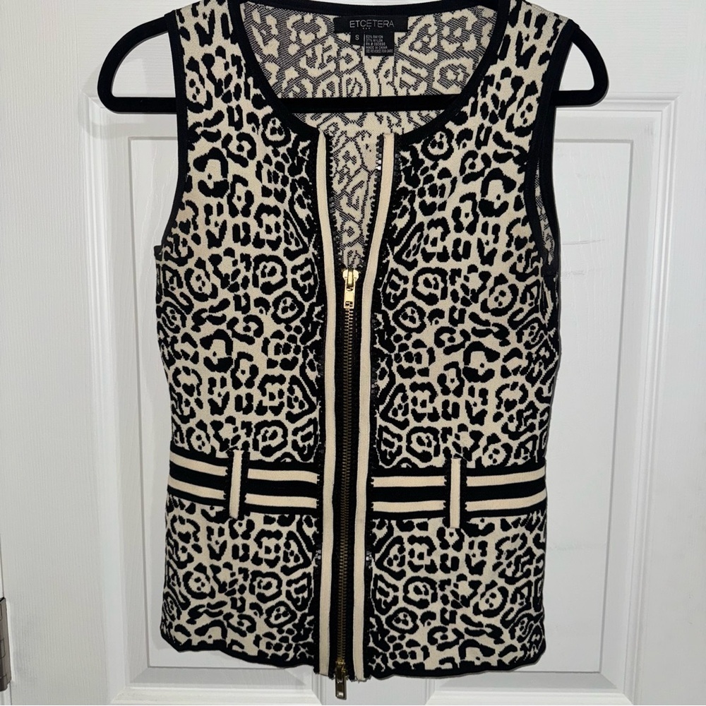 Etcetera Womens Leopard Print Knit Vest Full Zip Black Cream Small Gold Hardware